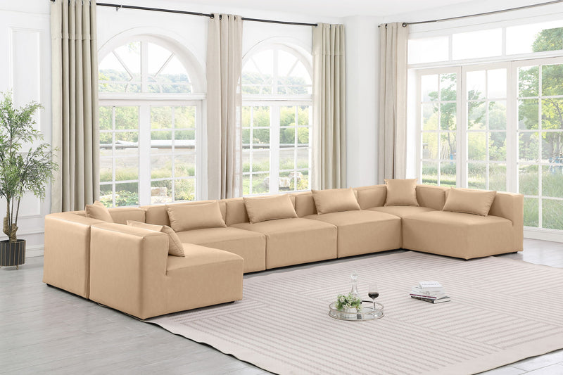 Cube 180" Tan Vegan Leather Upholstered 7pc. Modular Sectional