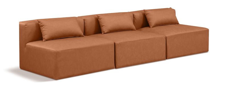 Cube 108" Cognac Vegan Leather Upholstered 3pc. Armless Modular Sofa