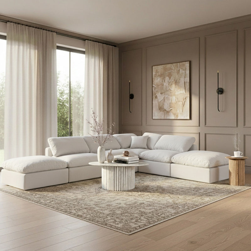 Indulge 140" White Linen Textured Fabric Upholstered 6pc. Modular Sectional