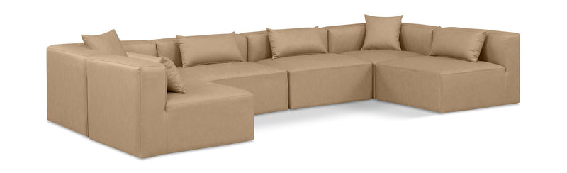 Cube 144" Tan Vegan Leather Upholstered 6pc. Modular Sectional