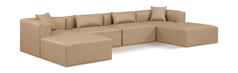 Cube 144" Tan Vegan Leather Upholstered 6pc. Modular Sectional