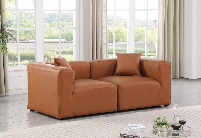 Cube 72" Cognac Vegan Leather Upholstered 2pc. Modular Loveseat