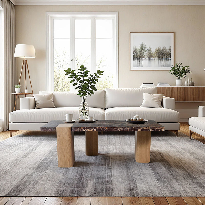 Ravenna Burgundy Genuine Marble Top And Oak Wood Base Coffee Table