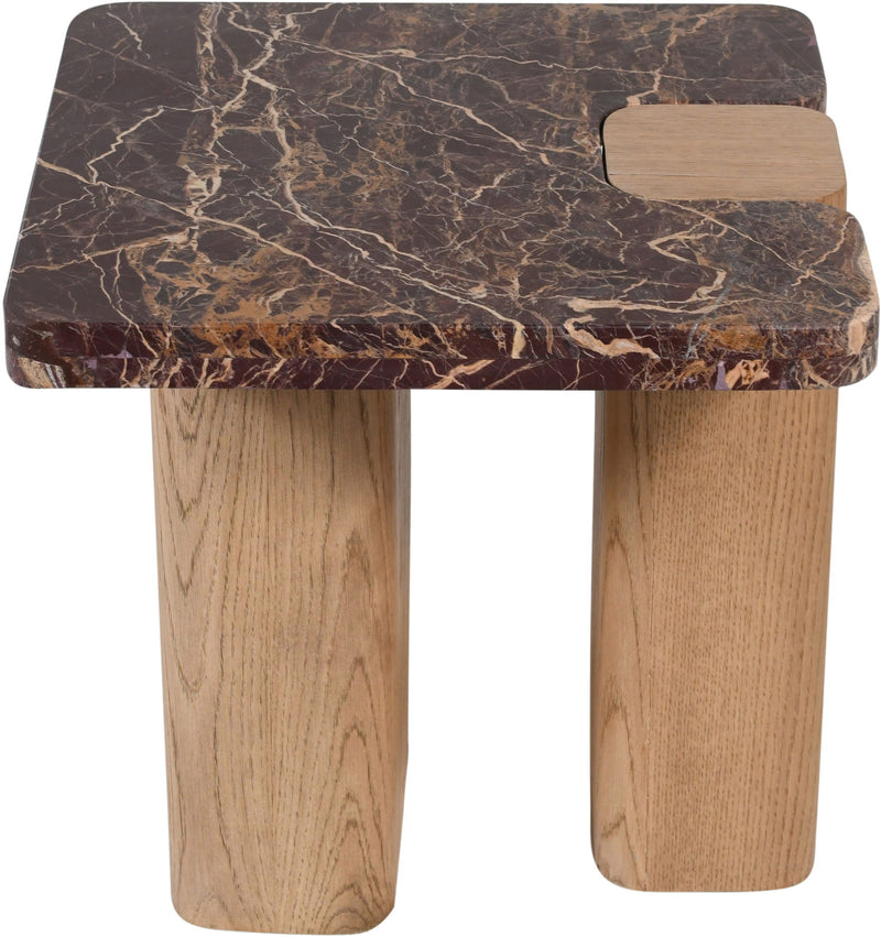 Ravenna Burgundy Genuine Marble Top And Oak Wood Base End / Side Table