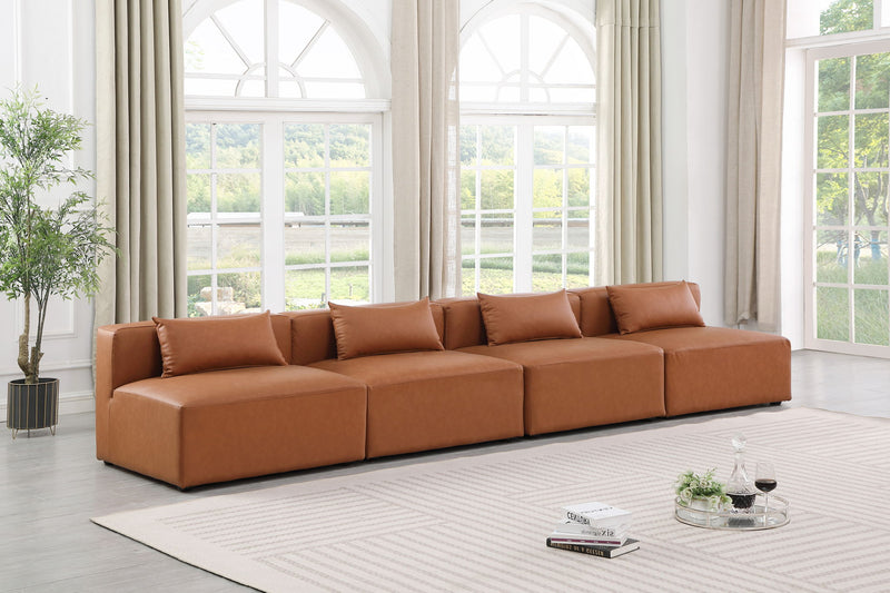 Cube 144" Cognac Vegan Leather Upholstered 4pc. Armless Modular Sofa