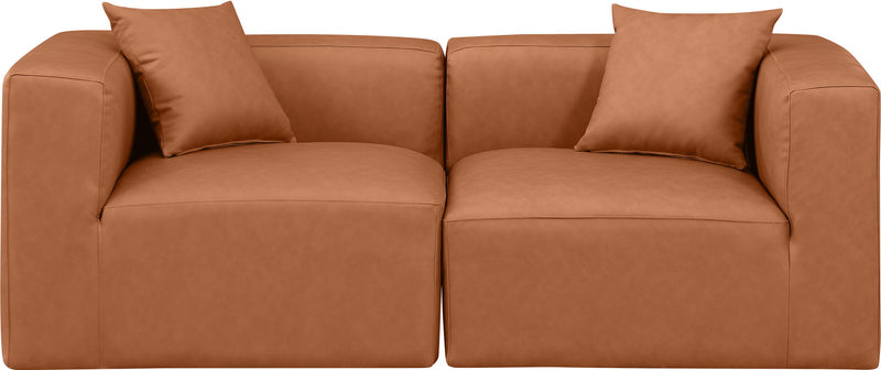 Cube 72" Cognac Vegan Leather Upholstered 2pc. Modular Loveseat