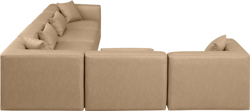 Cube 144" Tan Vegan Leather Upholstered 6pc. Modular Sectional