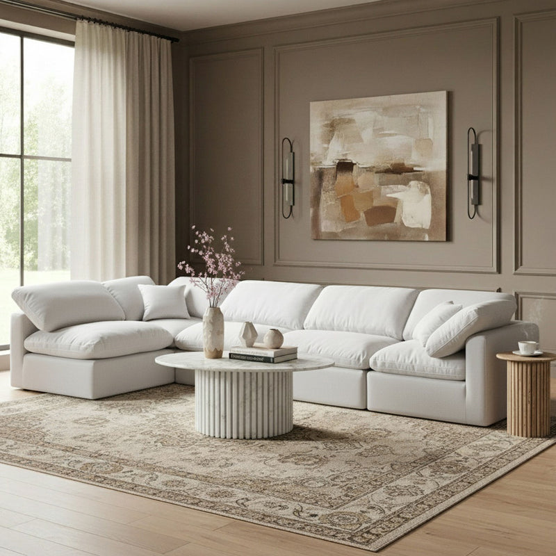 Indulge 140" White Linen Textured Fabric Upholstered 5pc. Modular Sectional