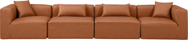 Cube 144" Cognac Vegan Leather Upholstered 4pc. Modular Sofa
