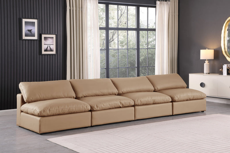 Comfy 156" Tan Vegan Leather Upholstered 4pc. Armless Modular Sofa