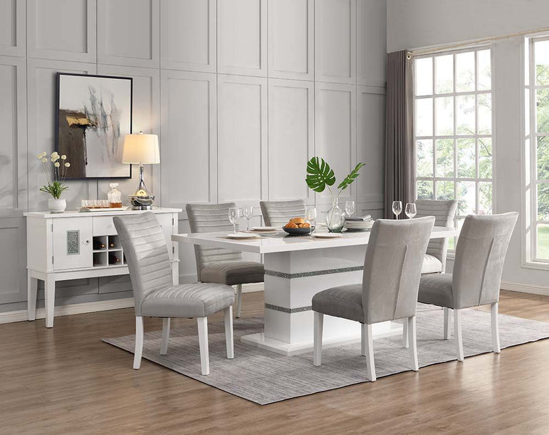 Elizaveta - Dining Table With Pedestal Base - Faux Crystal Diamonds & White High Gloss