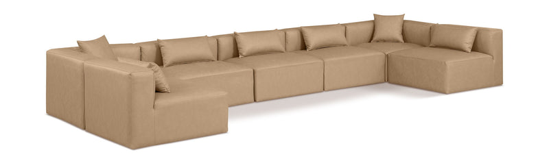 Cube 180" Tan Vegan Leather Upholstered 7pc. Modular Sectional