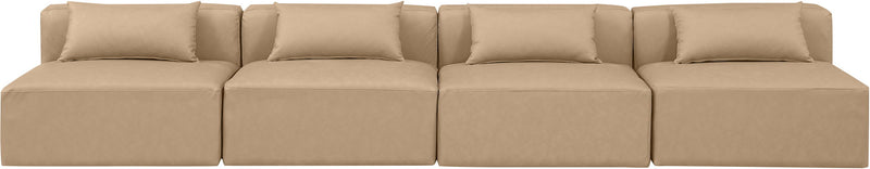 Cube 144" Tan Vegan Leather Upholstered 4pc. Armless Modular Sofa
