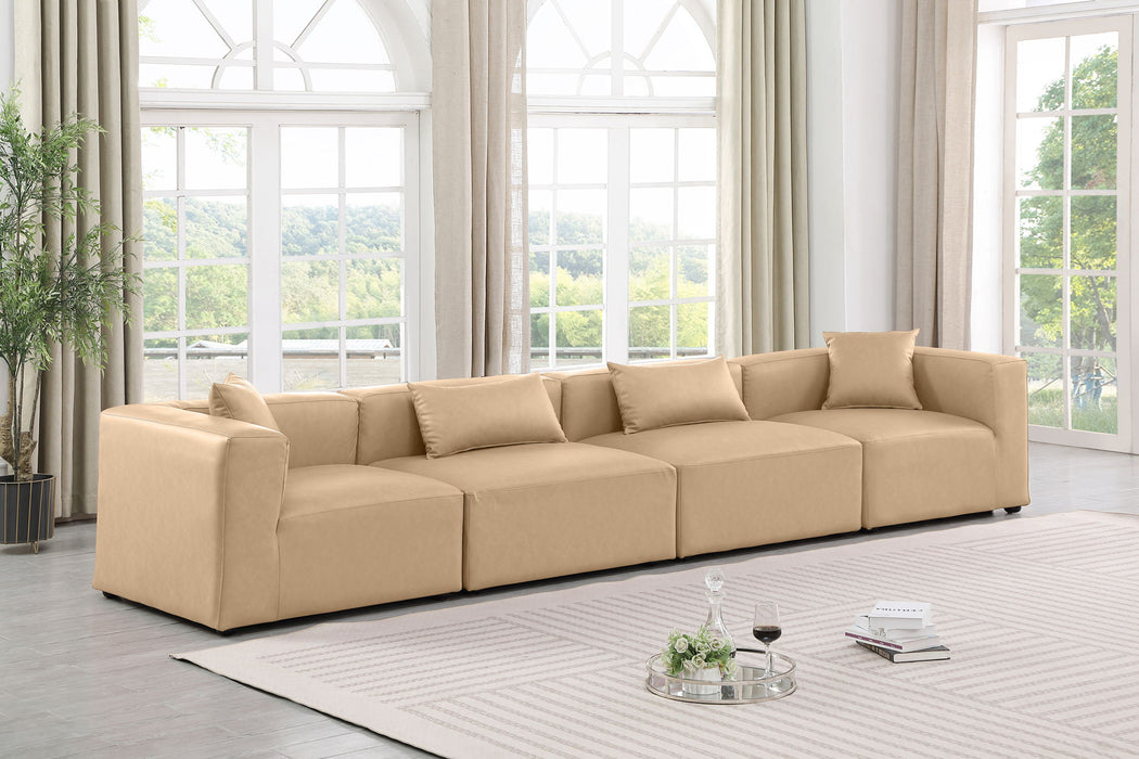 Cube 144" Tan Vegan Leather Upholstered 4pc. Modular Sofa