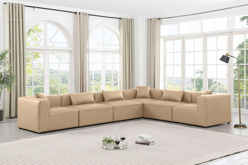 Cube 144" Tan Vegan Leather Upholstered 6pc. Modular Sectional