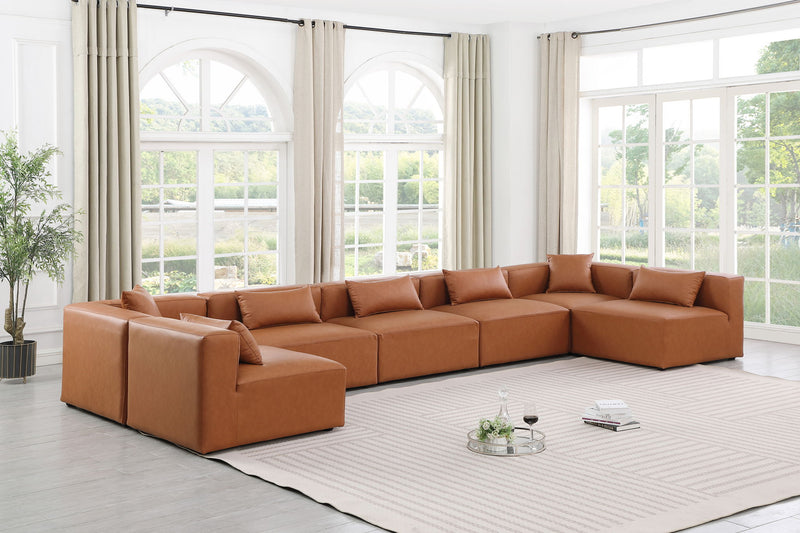 Cube 180" Cognac Vegan Leather Upholstered 7pc. Modular Sectional