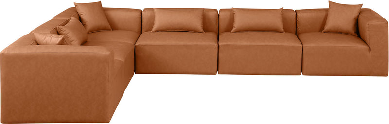 Cube 144" Cognac Vegan Leather Upholstered 6pc. Modular Sectional