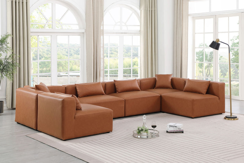 Cube 144" Cognac Vegan Leather Upholstered 6pc. Modular Sectional