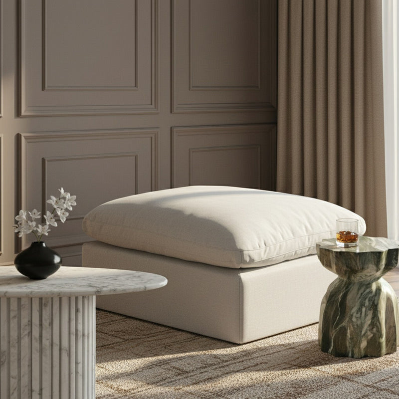 Indulge White Linen Textured Fabric Upholstered Modular Ottoman
