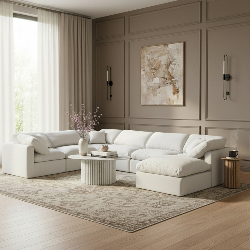 Indulge 140" White Linen Textured Fabric Upholstered 7pc. Modular Sectional