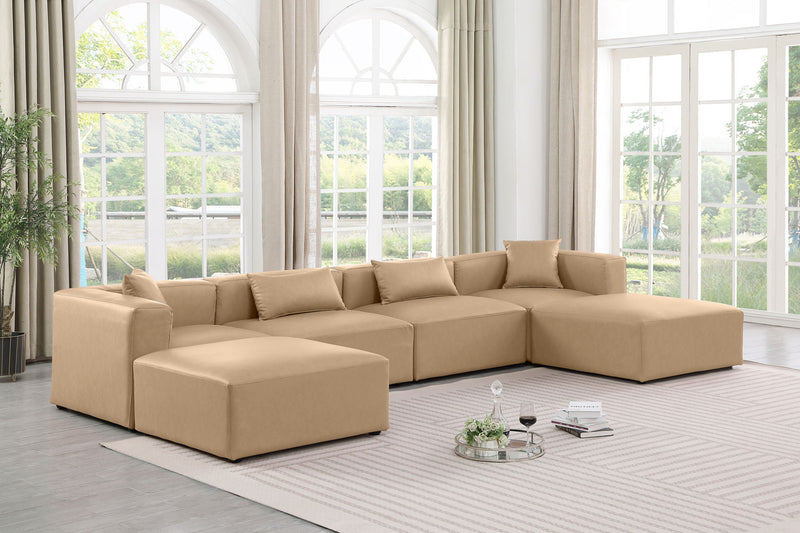 Cube 144" Tan Vegan Leather Upholstered 6pc. Modular Sectional