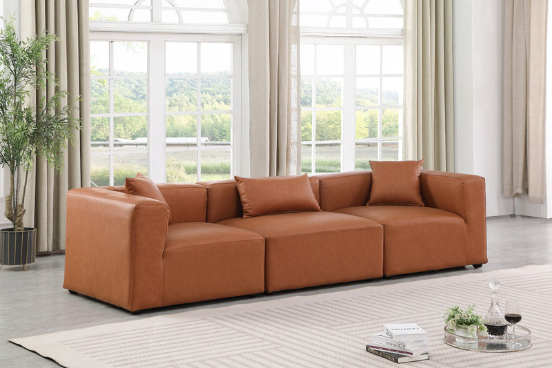 Cube 108" Cognac Vegan Leather Upholstered 3pc. Modular Sofa