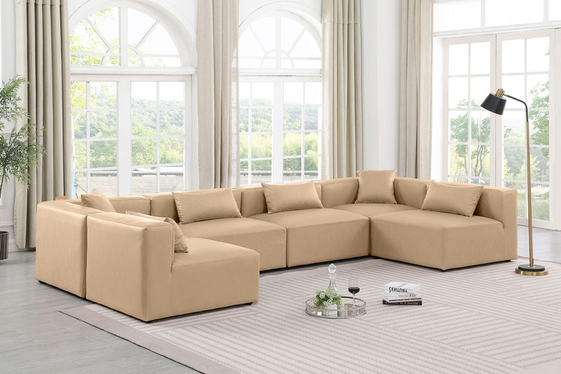 Cube 144" Tan Vegan Leather Upholstered 6pc. Modular Sectional