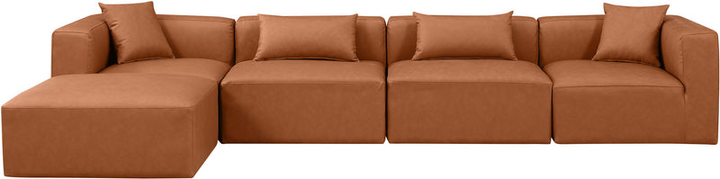 Cube 144" Cognac Vegan Leather Upholstered 5pc. Modular Sectional