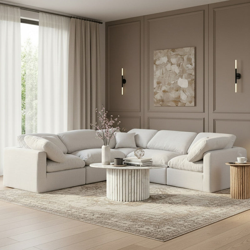 Indulge 105" White Linen Textured Fabric Upholstered 5pc. Modular Sectional