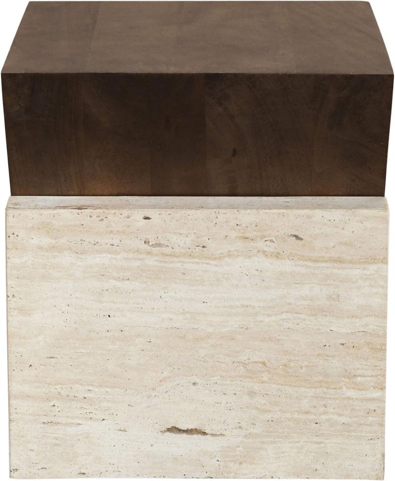 Opus - Travertine And Mango Wood End Table - Brown / Beige