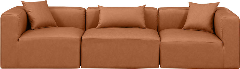 Cube 108" Cognac Vegan Leather Upholstered 3pc. Modular Sofa