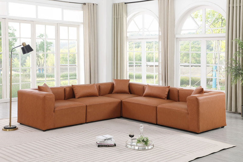 Cube 108" Cognac Vegan Leather Upholstered 5pc. Modular Sectional