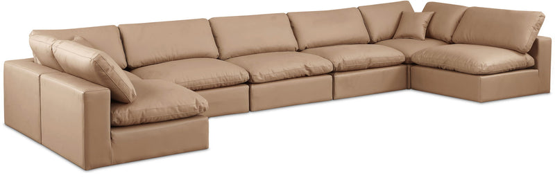 Comfy 197" Tan Vegan Leather Upholstered 7pc. Modular Sectional