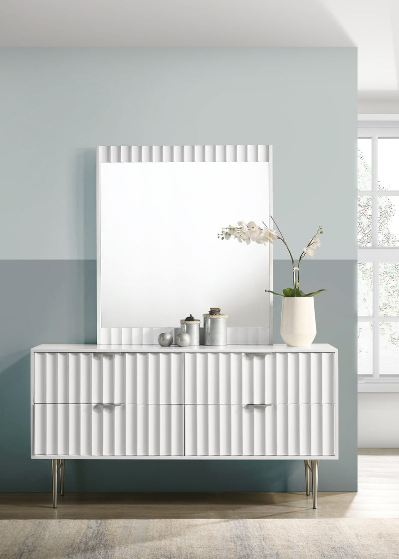 Modernist White Wood Veneer And Stainless Steel Base Mirror