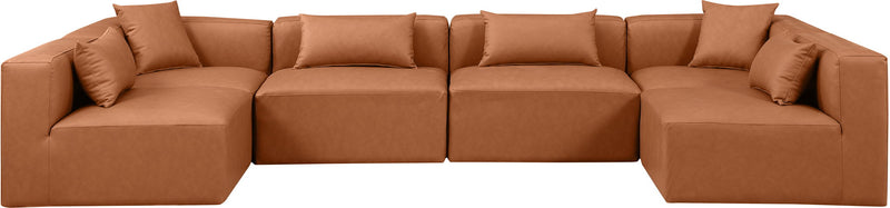 Cube 144" Cognac Vegan Leather Upholstered 6pc. Modular Sectional