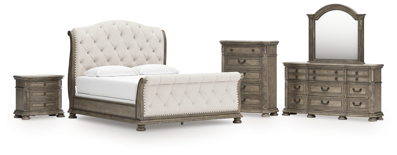 Ardenfield California King Upholstered Sleigh Bed, Dresser, Mirror, Chest and Nightstand