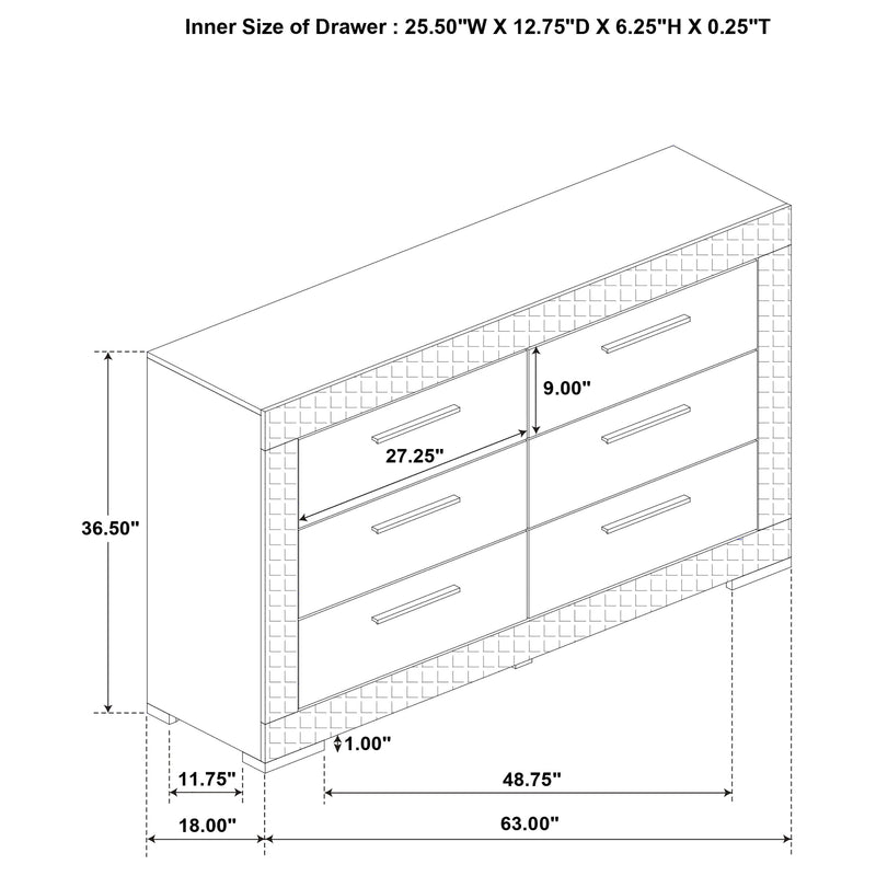 Ives 6-drawer Dresser Cabinet Grey High Gloss