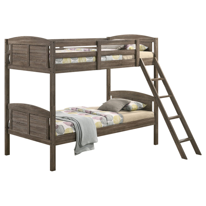 Flynn Wood Twin Over Twin Bunk Bed with Mattress Weathered Brown