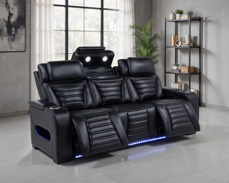 Zuma Faux Leather Dual Power Reclining LED Sofa Black