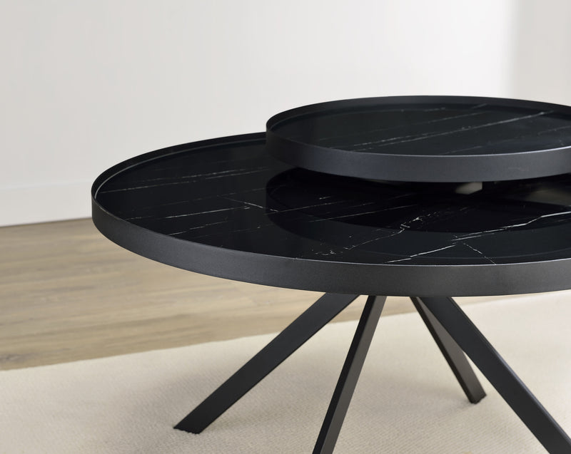 Briggs Round Marble Printed Glass Top Coffee Table Black