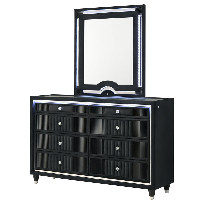 Ravenne 8-drawer Velvet Upholstered LED Dresser and Mirror Black