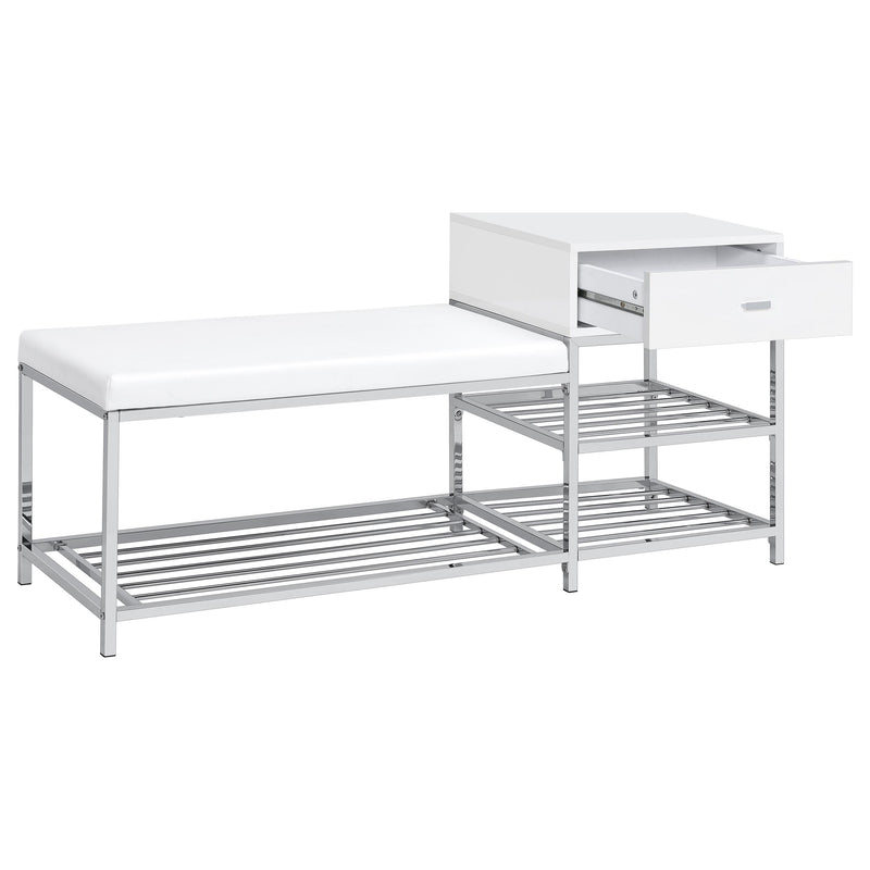 Siega 1-Drawer Shoe Storage Entryway Bench White High Gloss and Chrome