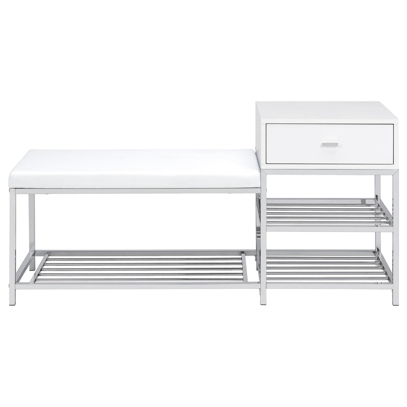 Siega 1-Drawer Shoe Storage Entryway Bench White High Gloss and Chrome