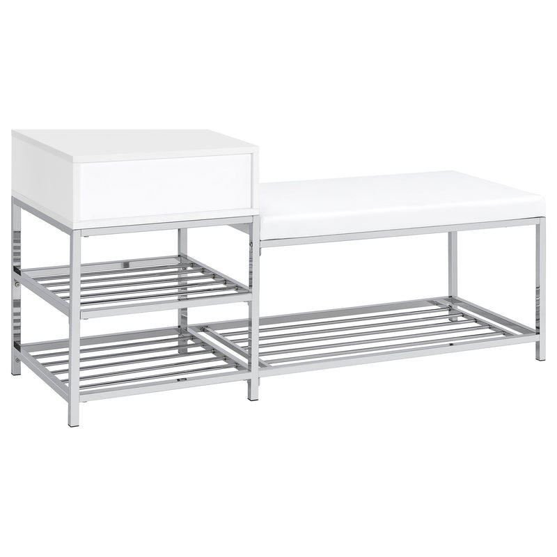Siega 1-Drawer Shoe Storage Entryway Bench White High Gloss and Chrome