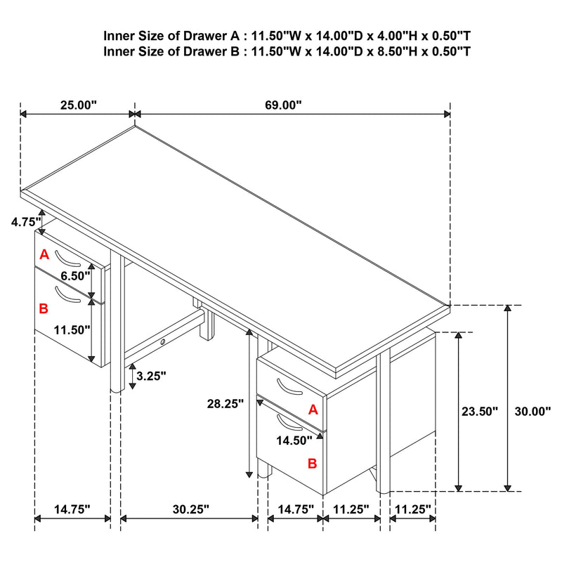 Roldan 69-inch 4-drawer Computer Desk with File Drawer Light Ash