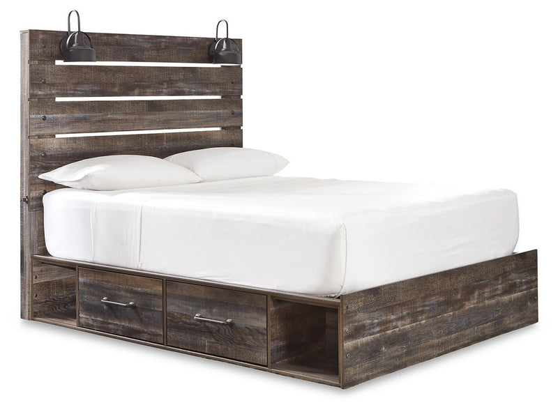 Drystan Queen Panel Bed with 2 Storage Drawers, Dresser, Mirror, Chest and Nightstand