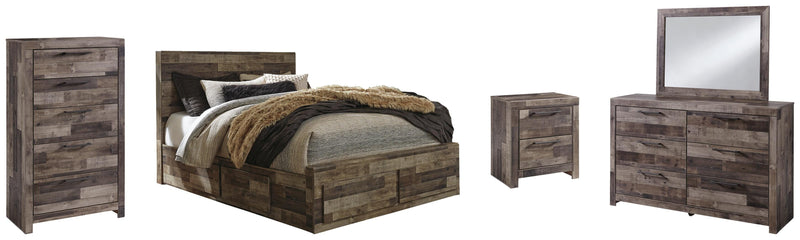 Derekson Queen Panel Bed with 4 Storage Drawers with Mirrored Dresser, Chest and Nightstand