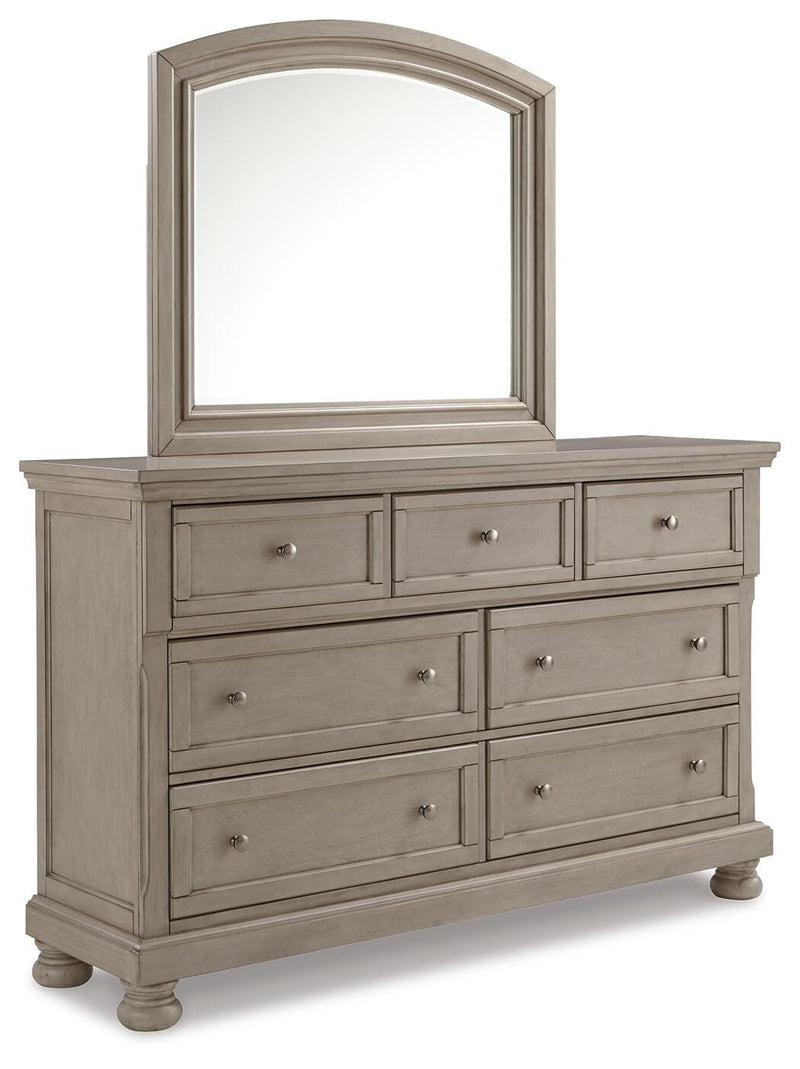 Lettner King Sleigh Bed with 2 Storage Drawers with Mirrored Dresser