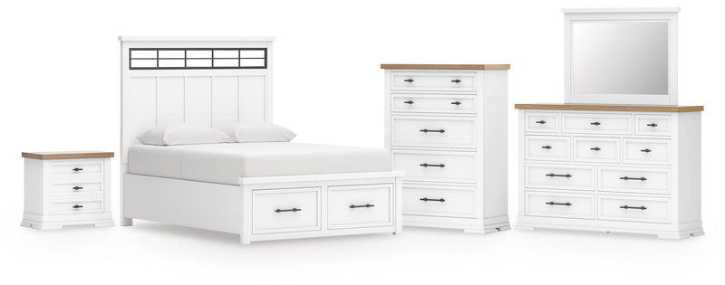 Ashbryn King Panel Storage Bed, Dresser, Mirror, Chest and Nightstand