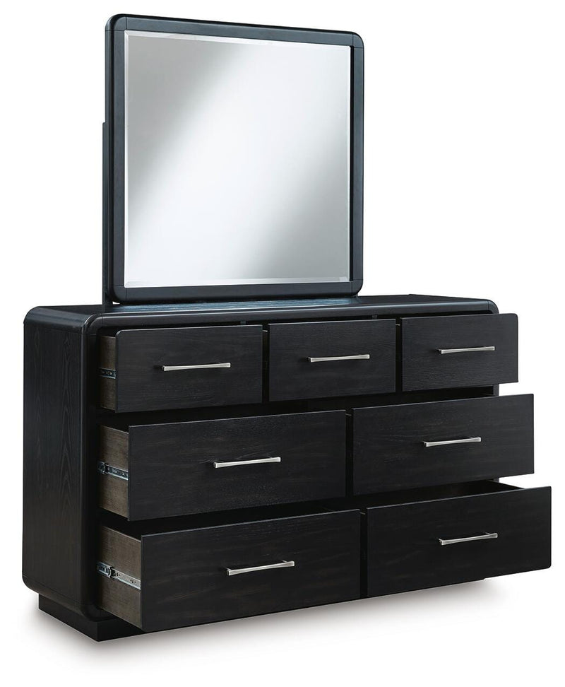 Rowanbeck King Upholstered Panel Bed, Dresser, Mirror and Nightstand